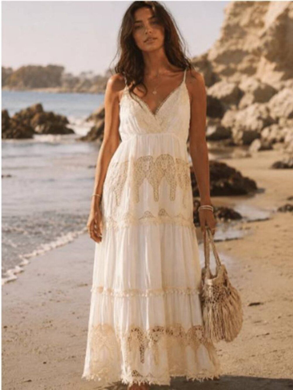 Womens BOHO Surplice Tiered Crochet Elegant Maxi Dress Beach Party Ivory